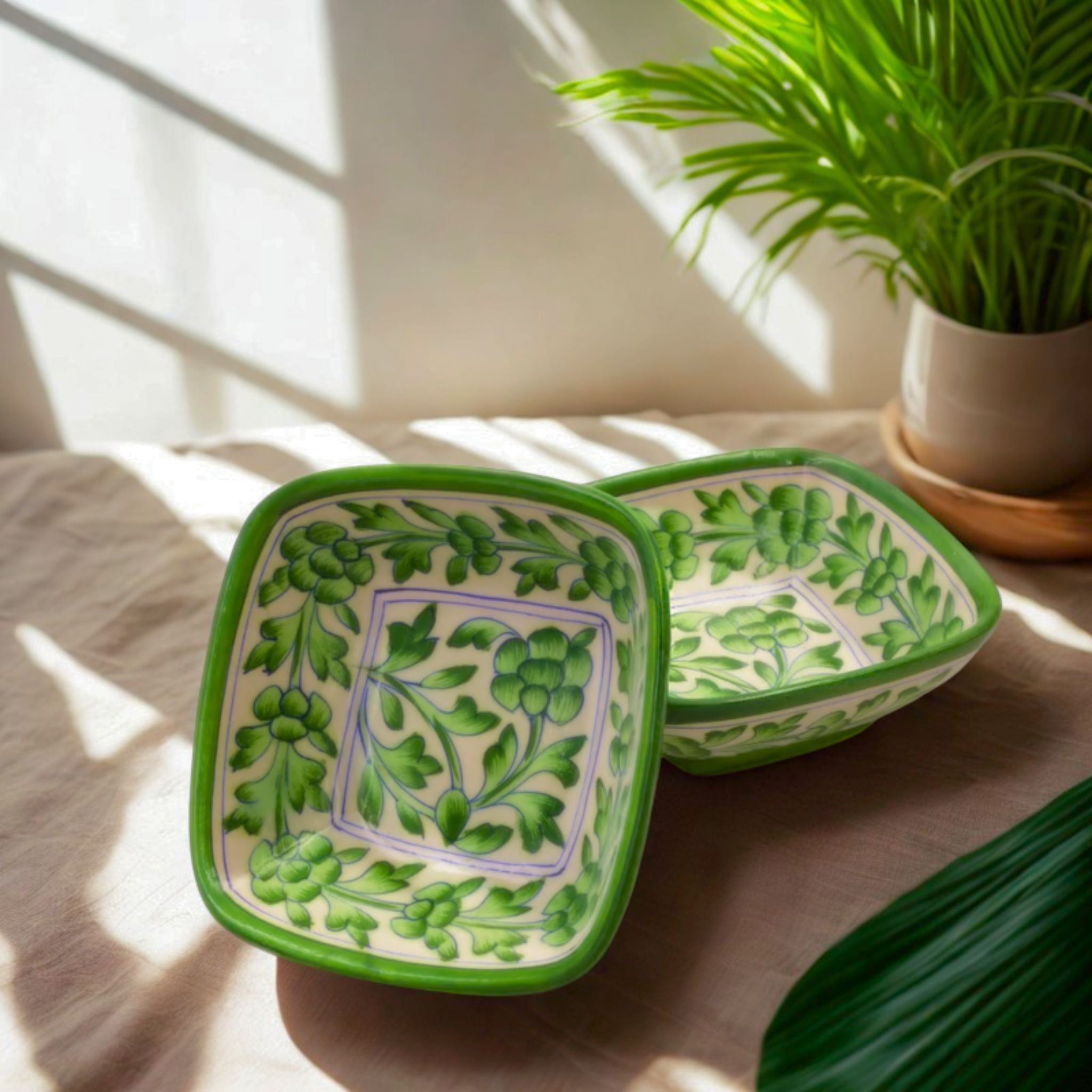 Royal Green Square Bowls – Blue Pottery (4", Set of 2)