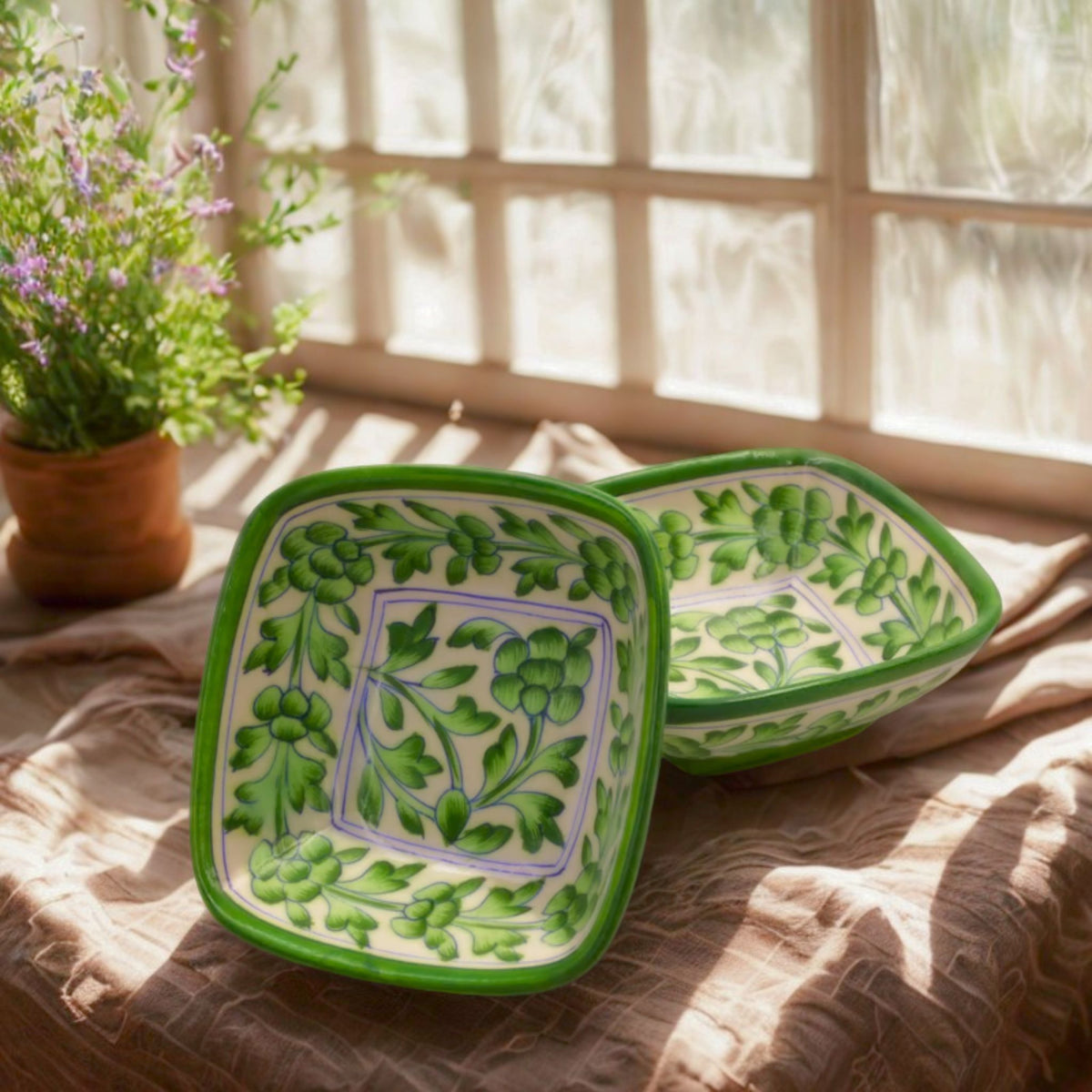 Royal Green Square Bowls – Blue Pottery (4", Set of 2)