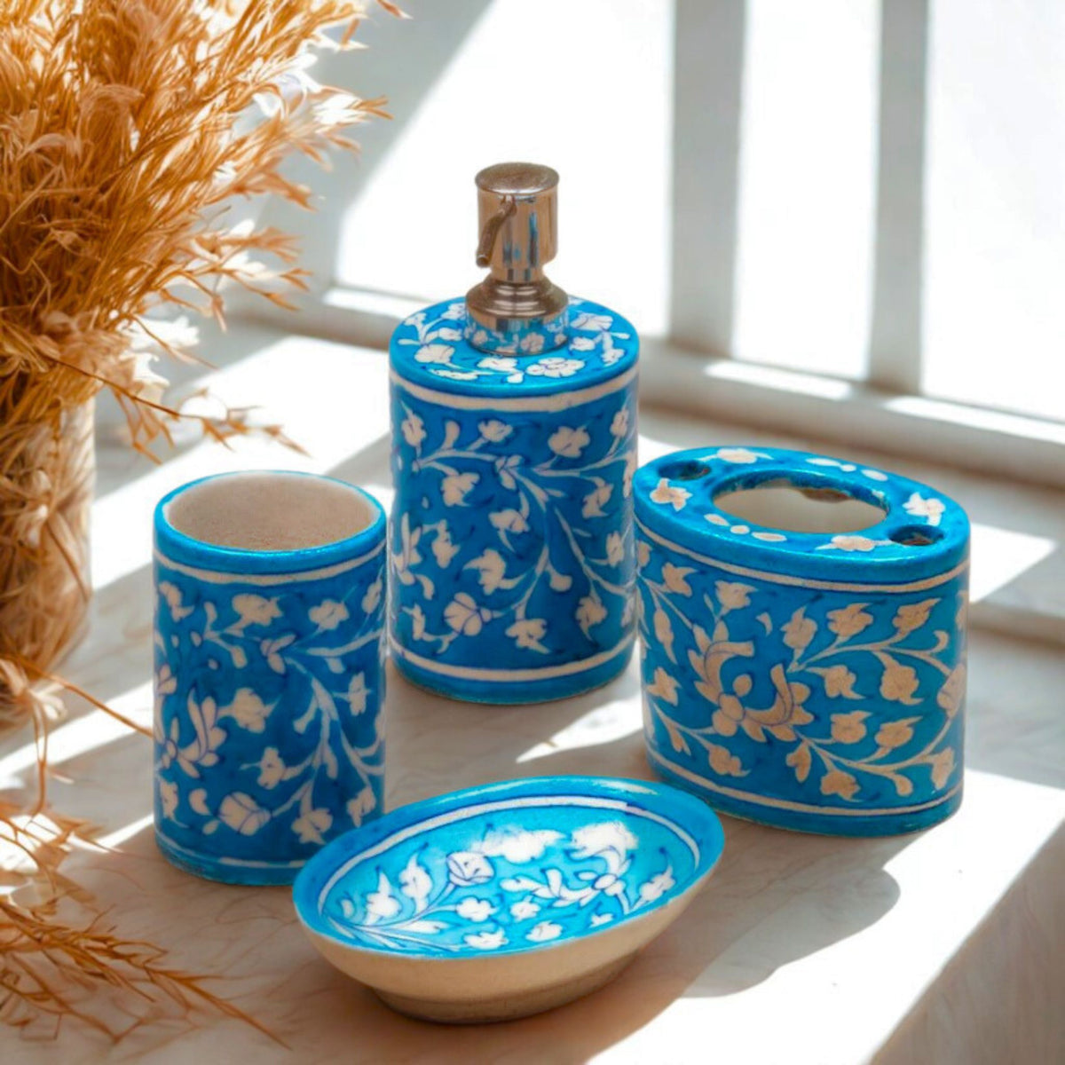 Bathroom Set – Blue Pottery (Aqua, Set of 4)